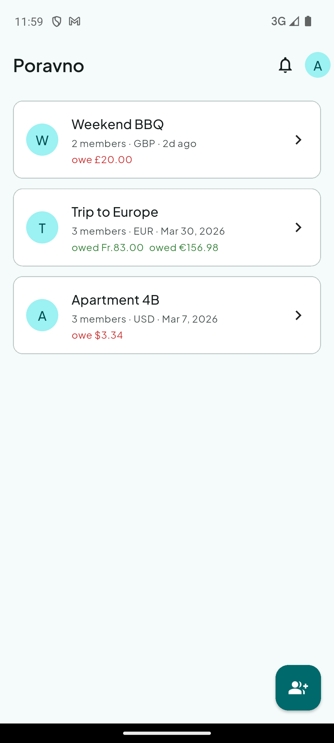 Poravno dashboard showing group list and balances