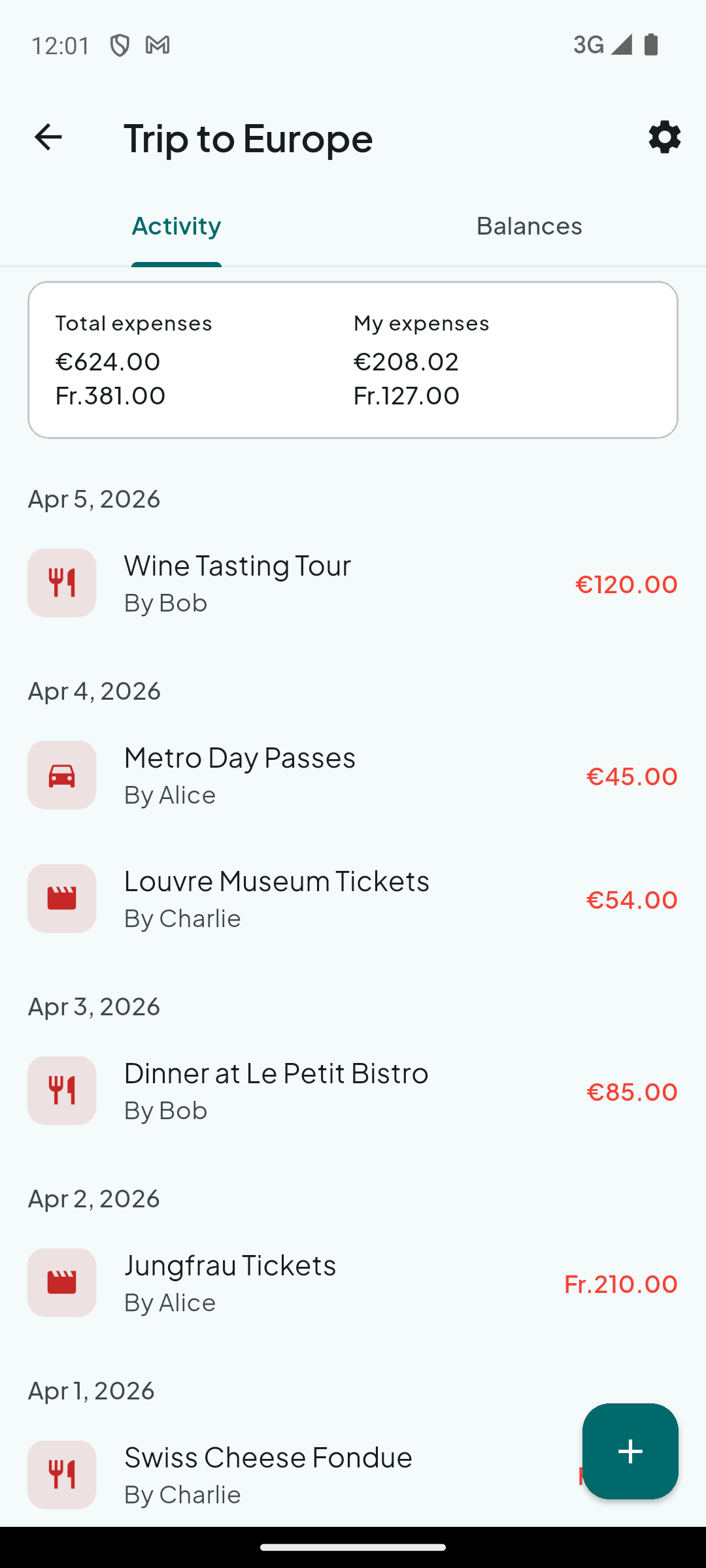 Group activity feed with expenses and settlements