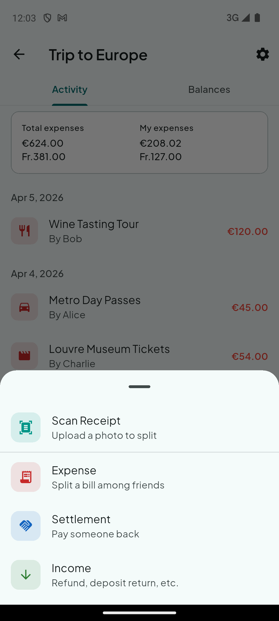 Adding a new expense with split options