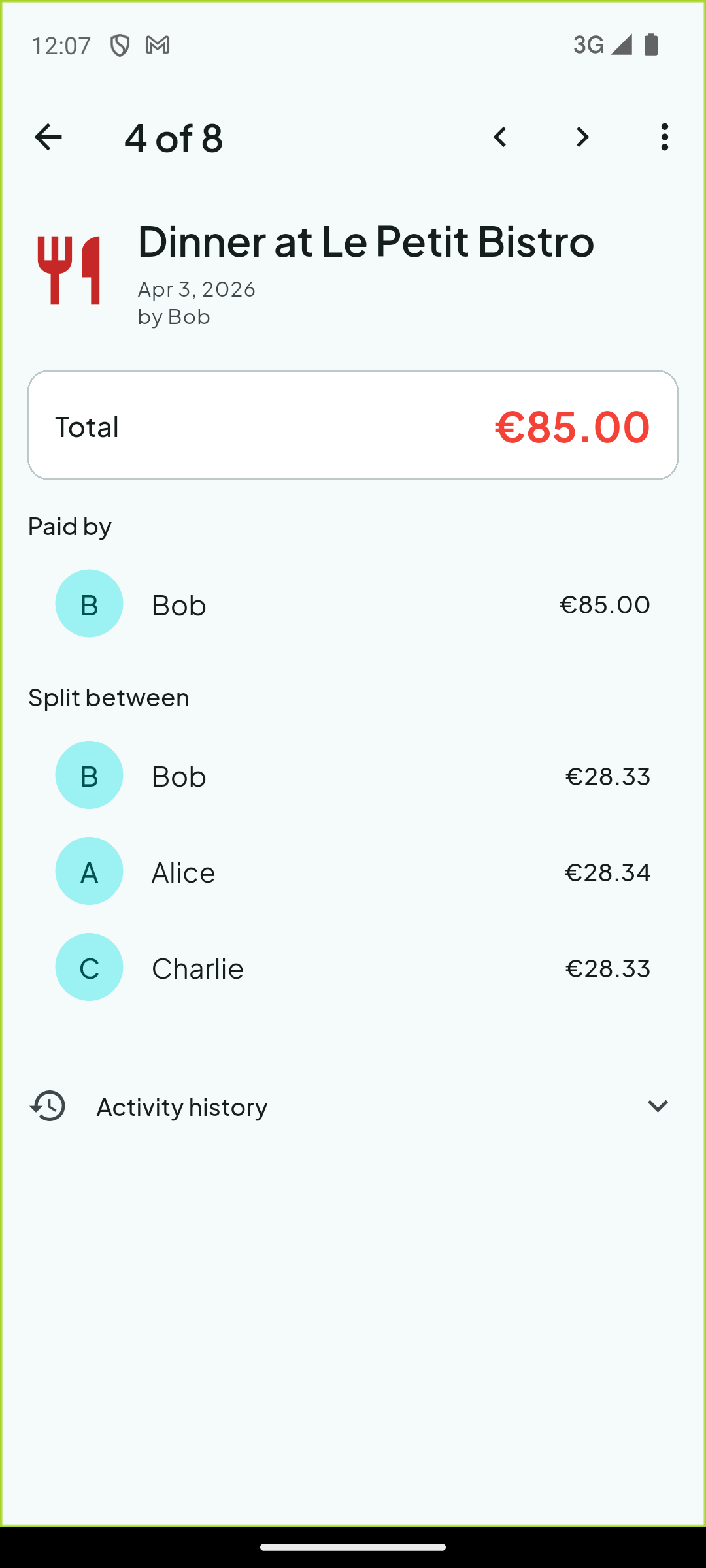 Expense detail showing split breakdown