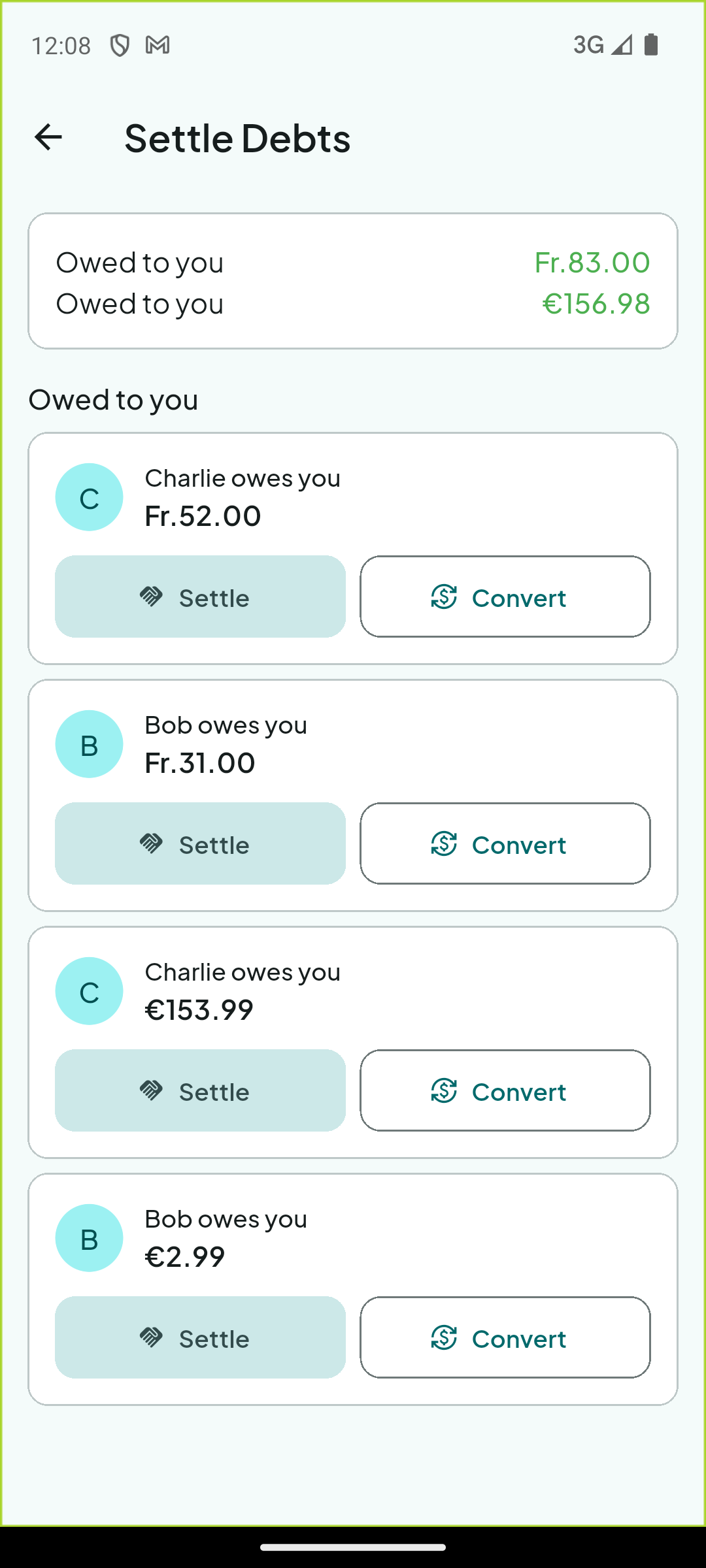 Settle debts screen with suggested payments
